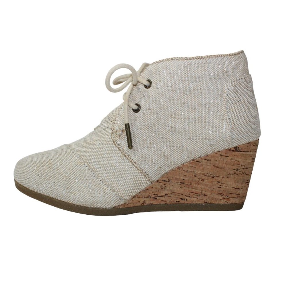 TOMS Desert Wedge Booties Natural Metallic Linen Women's 6 NEW! 10007579